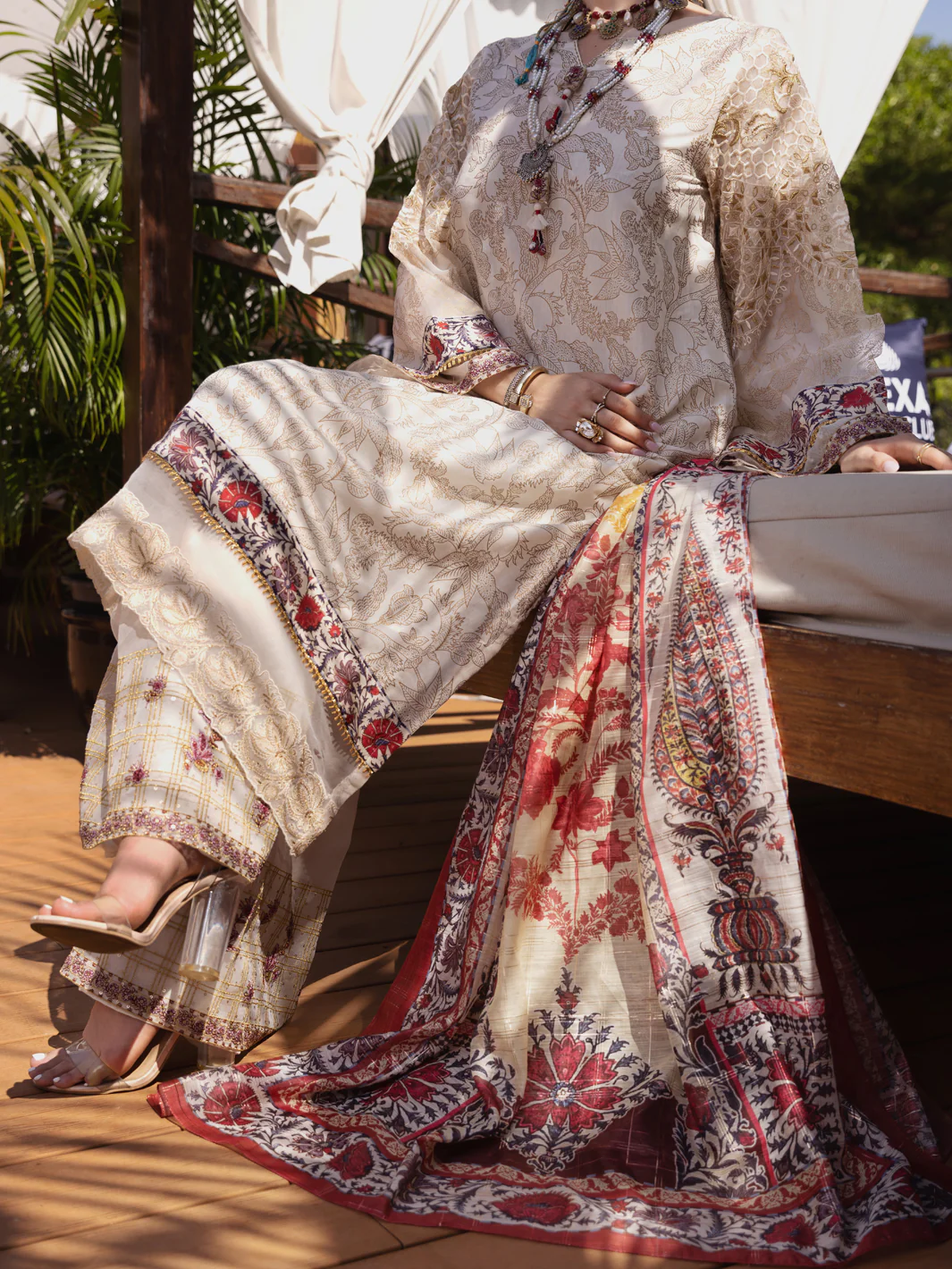Off White Silk Chanderi 3 Piece Unstitched - ALP-3PS-1526 - Image 5