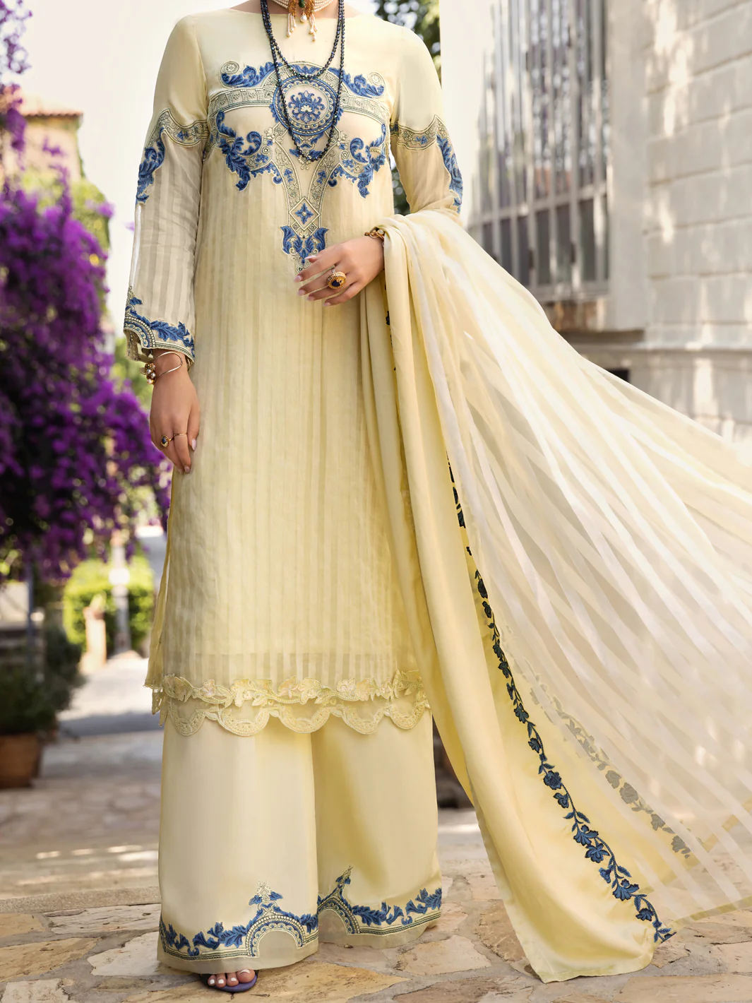Pista Green Stripe Khaddi Net 3 Piece Unstitched - ALP-3PS-1539