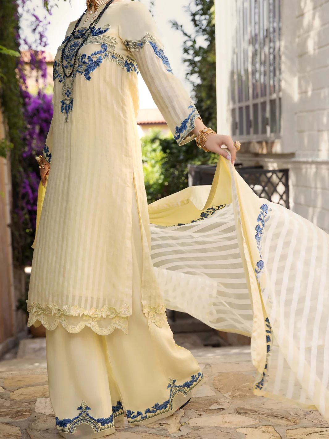 Pista Green Stripe Khaddi Net 3 Piece Unstitched - ALP-3PS-1539 - Image 4