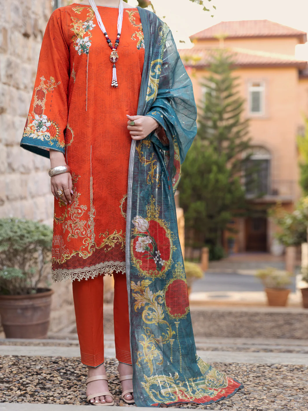 Orange Jacquard 3 Piece Stitched - ALP-3PS-1572