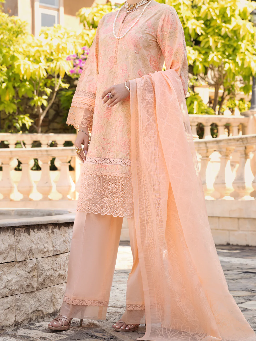 Peach Schiffli Lawn 3 Piece Stitched - ALP-3PS-1589
