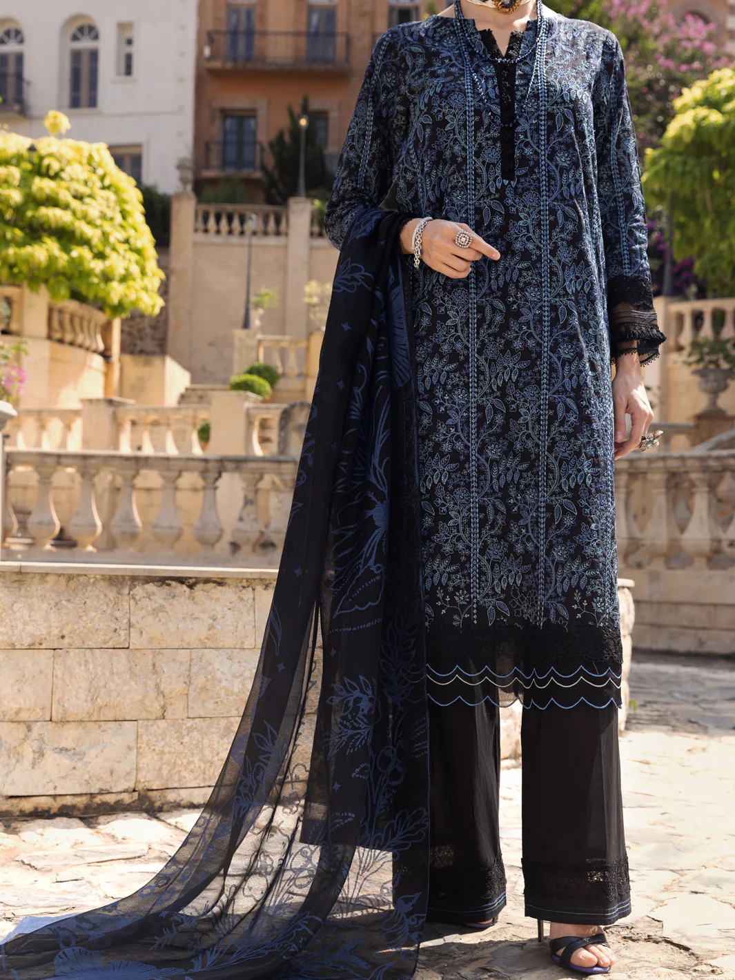 Blue & Black Schiffli Lawn 3 Piece Stitched - ALP-3PS-1591
