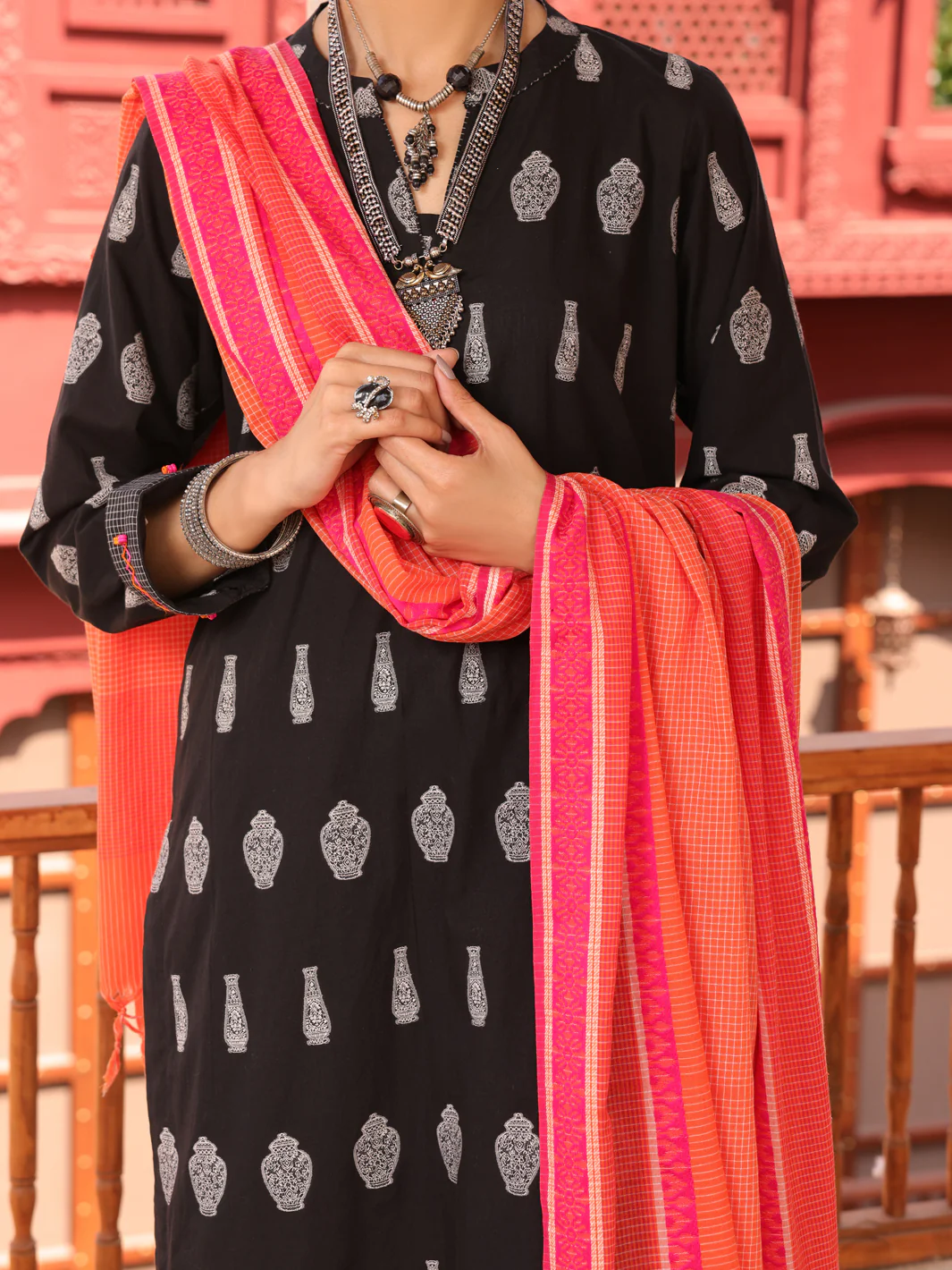 Black Yarn Dyed Jacquard 3 Piece Unstitched - ALP-3PS-1651 - Image 3