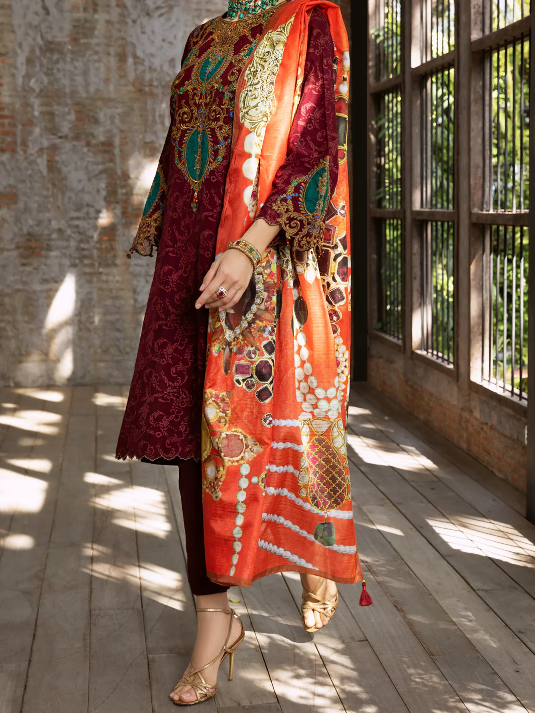 Maroon Raw Silk 3 Piece Stitched - ALP-3PS-429 - Image 3