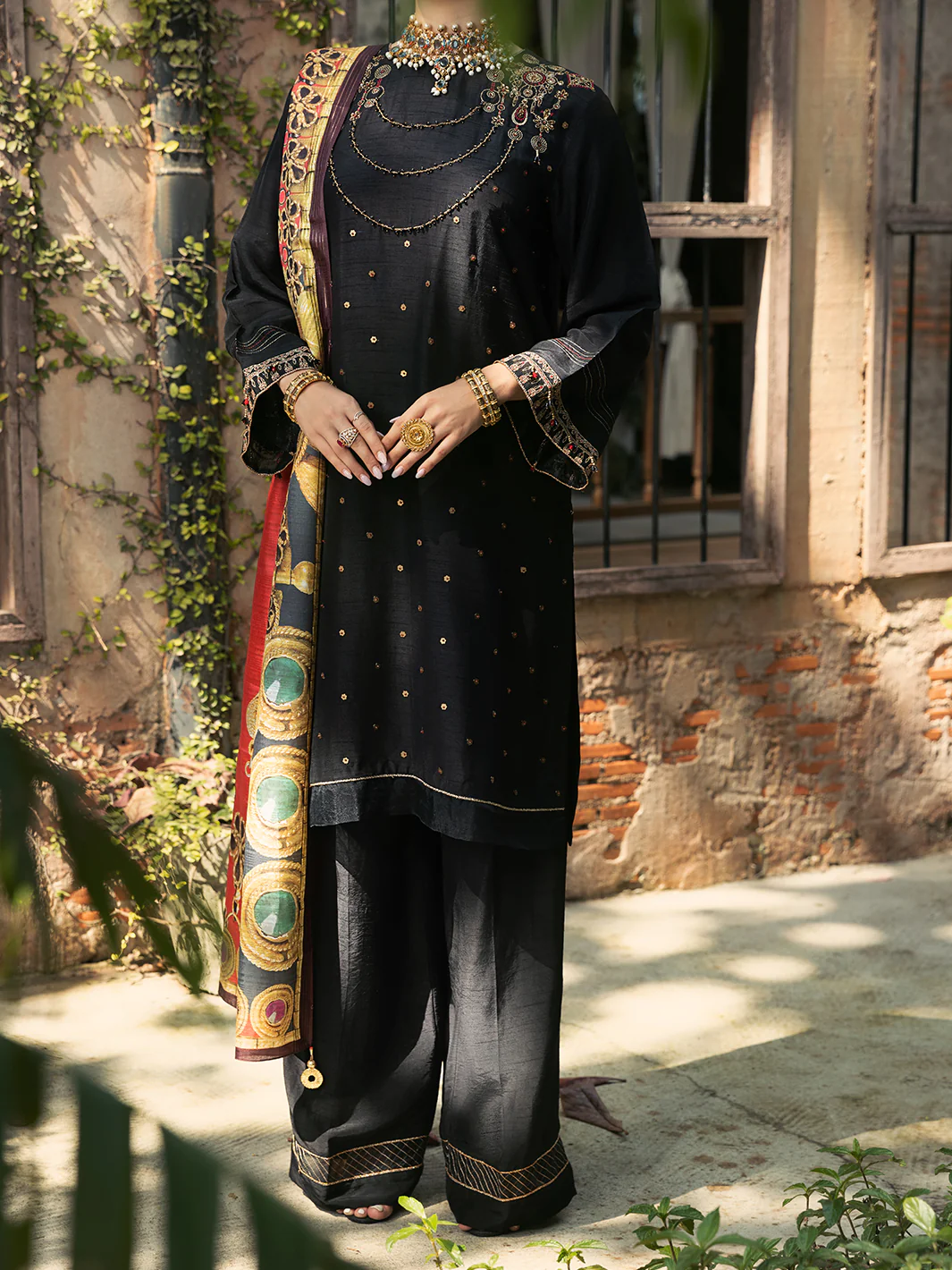 Black Raw Silk 3 Piece Stitched - ALP-3PS-430