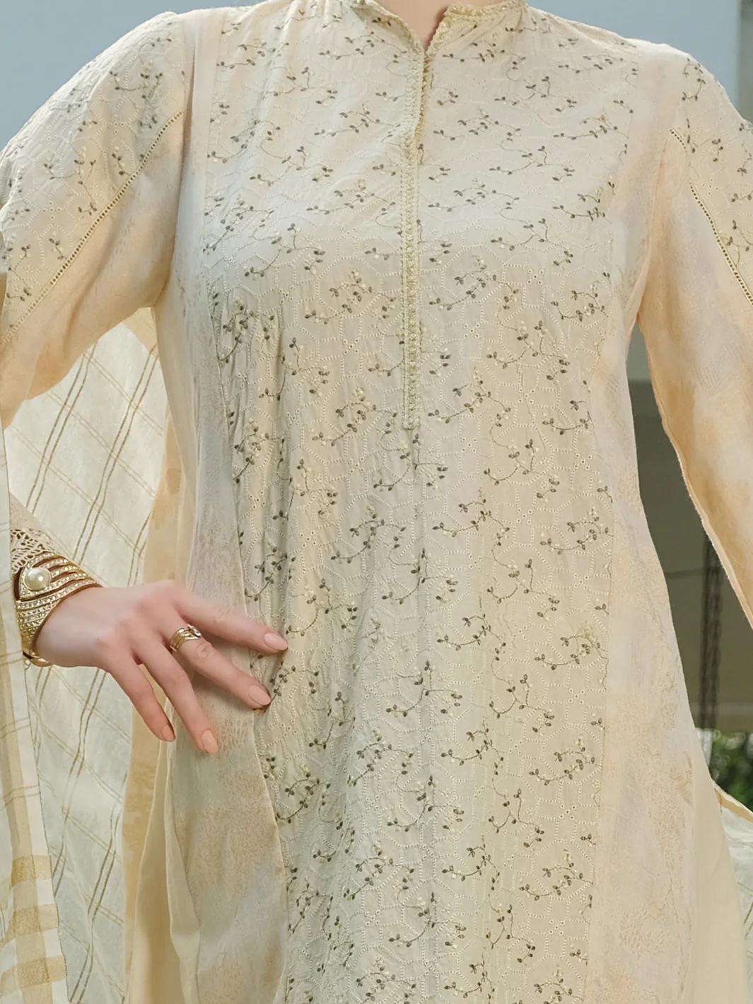 Off White Schiffli Lawn 3 Piece Stitched - ALP-3PS-826 - Image 3