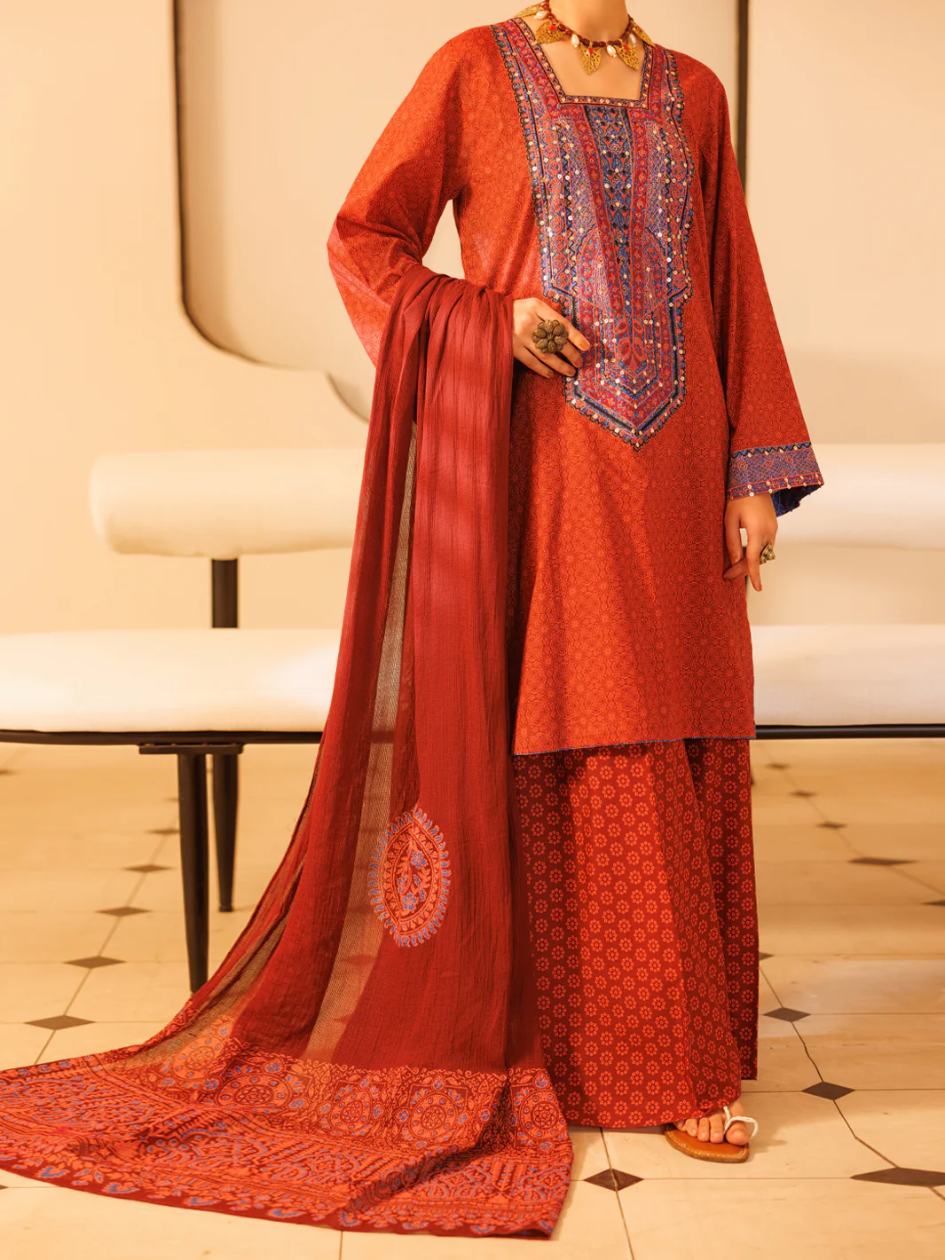 Maroon Khaddi Net Dupatta - ALP-ST-2336B - Image 2