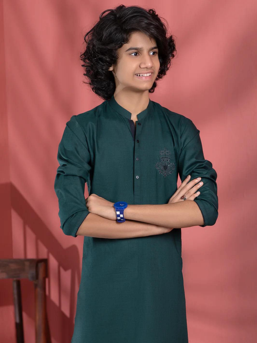 Dark Green Blended Boy Kurta - ALT-K-013B - Image 4