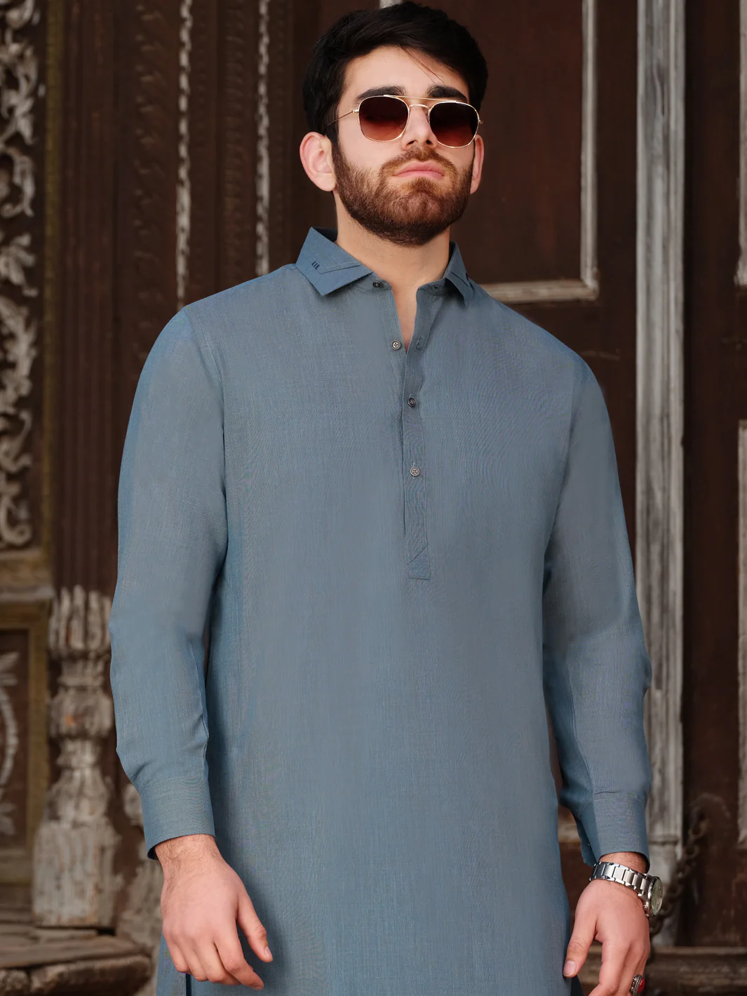 Light Blue Blended Kameez Shalwar - ALWA-KS-201 - Image 3