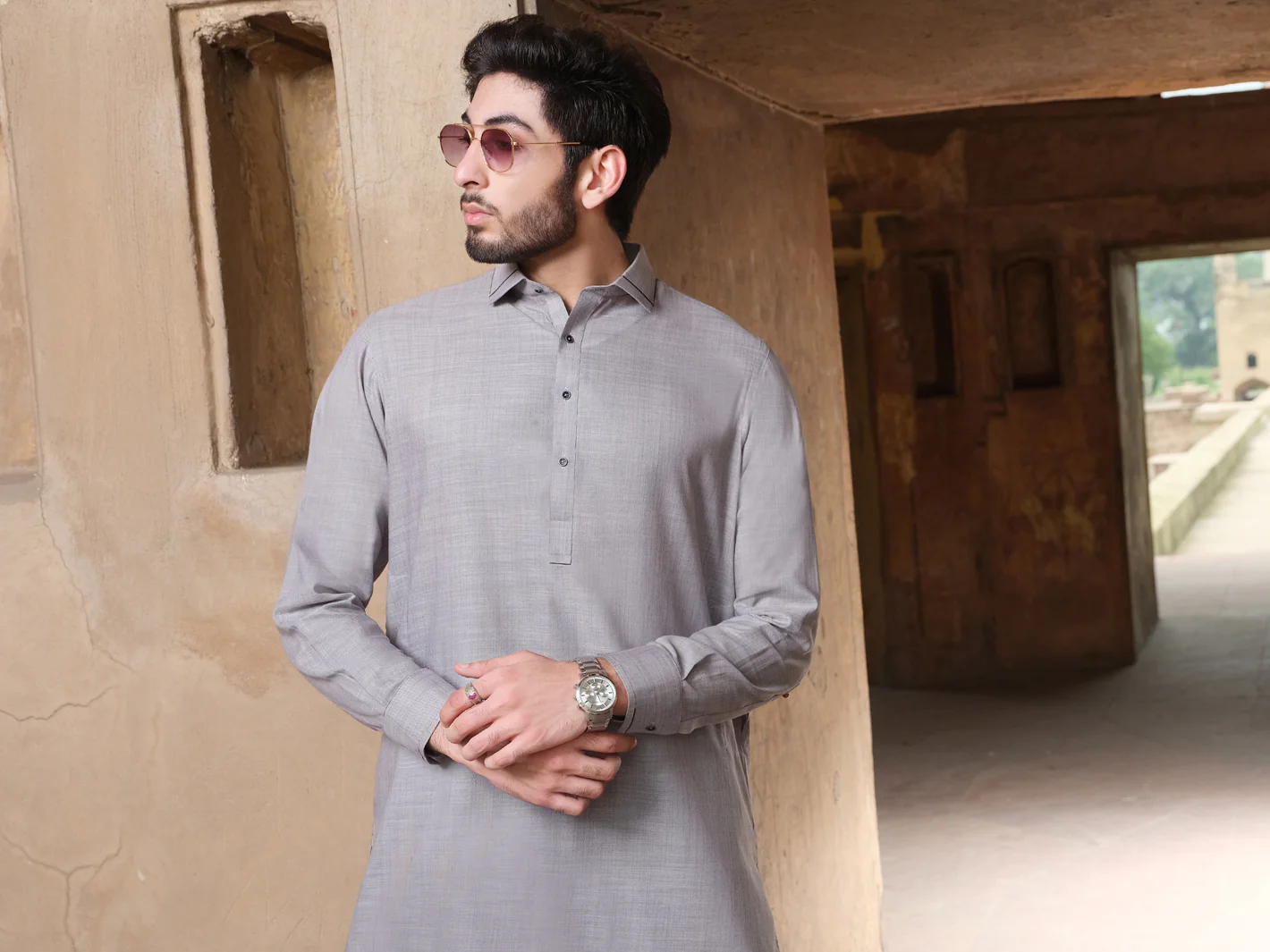 Grey Blended Kameez Shalwar - ALWA-KS-220 - Image 3