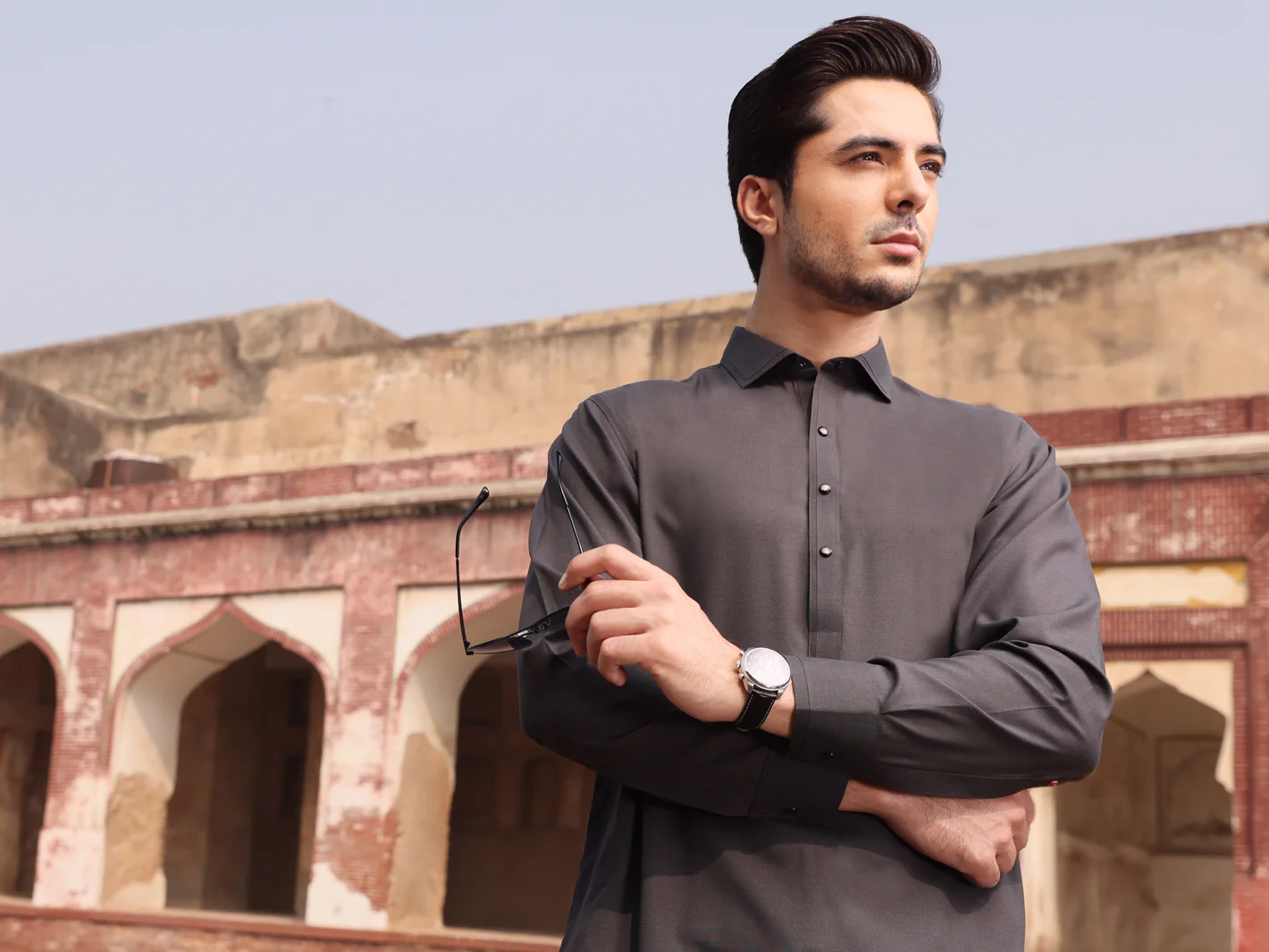 Charcoal Grey Blended Kameez Shalwar - ALWA-KS-233 - Image 3
