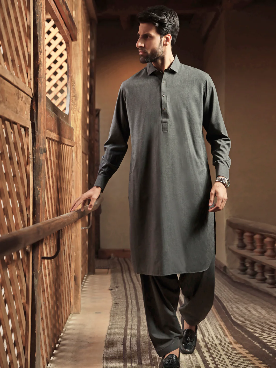 Charcoal Grey Blended Kameez Shalwar - ALWA-KS-314