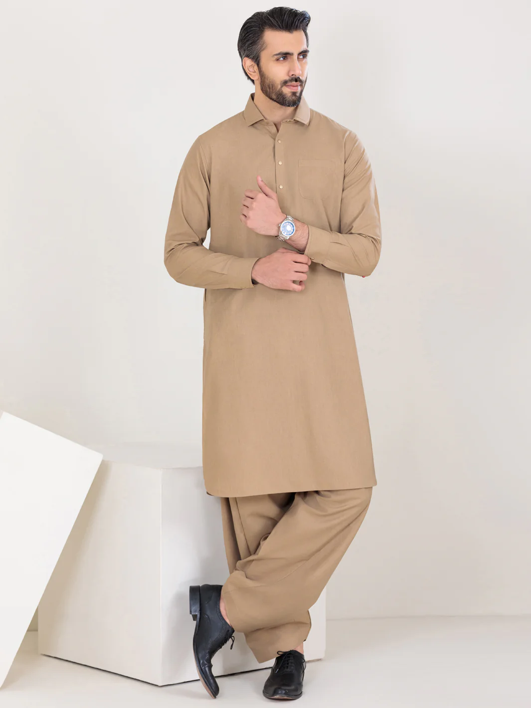 Beige Blended Kameez Shalwar - ALWA-KS-317