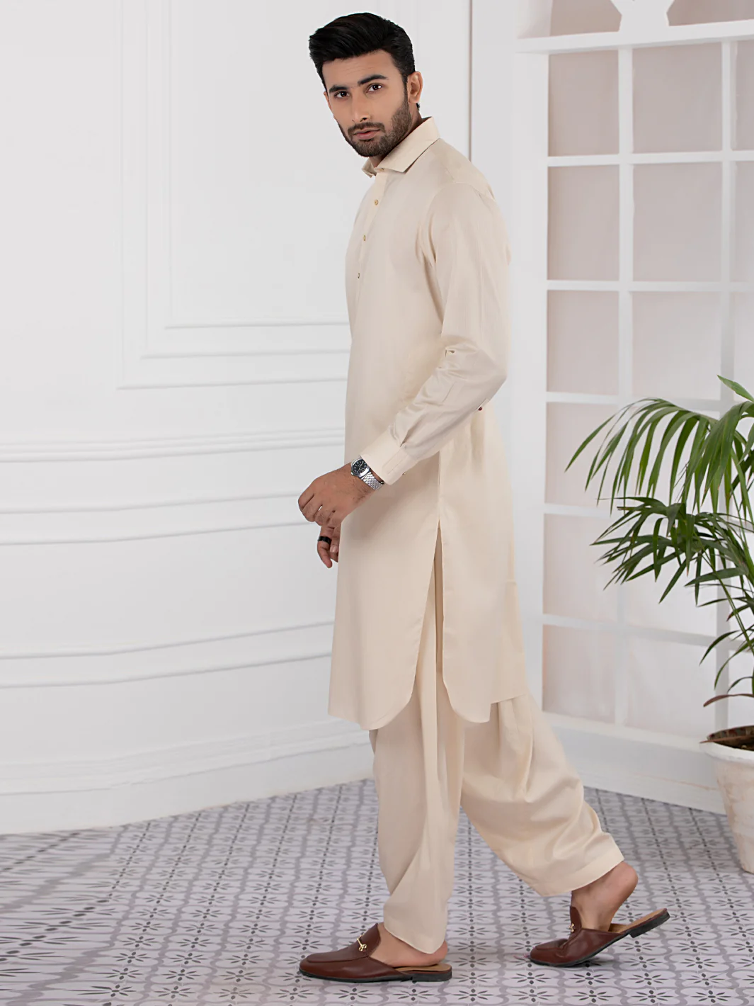 Cream Cotton Kameez Shalwar - ALWA-KS-335 - Image 2