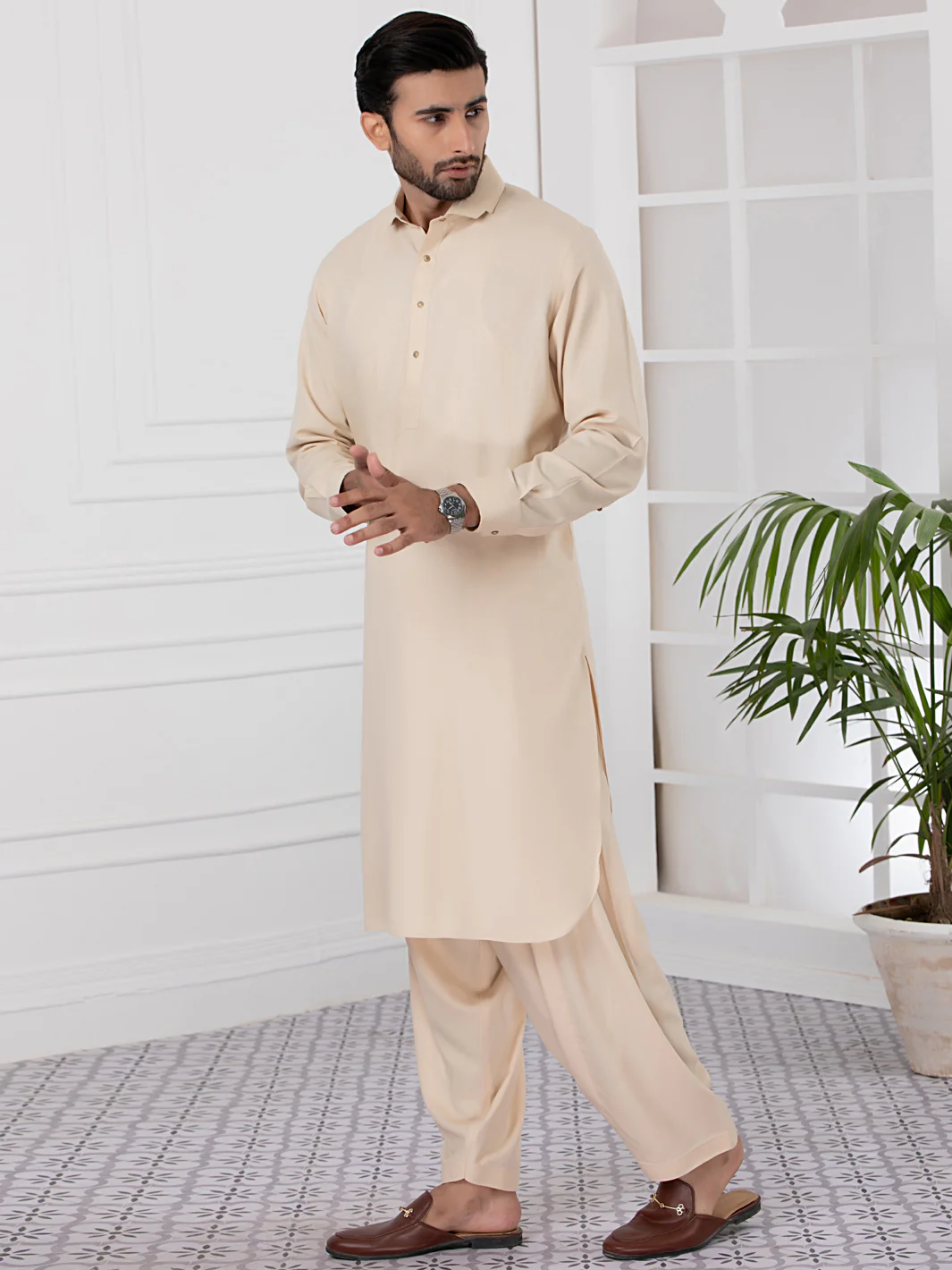 Beige Blended Kameez Shalwar - ALWA-KS-337 - Image 3