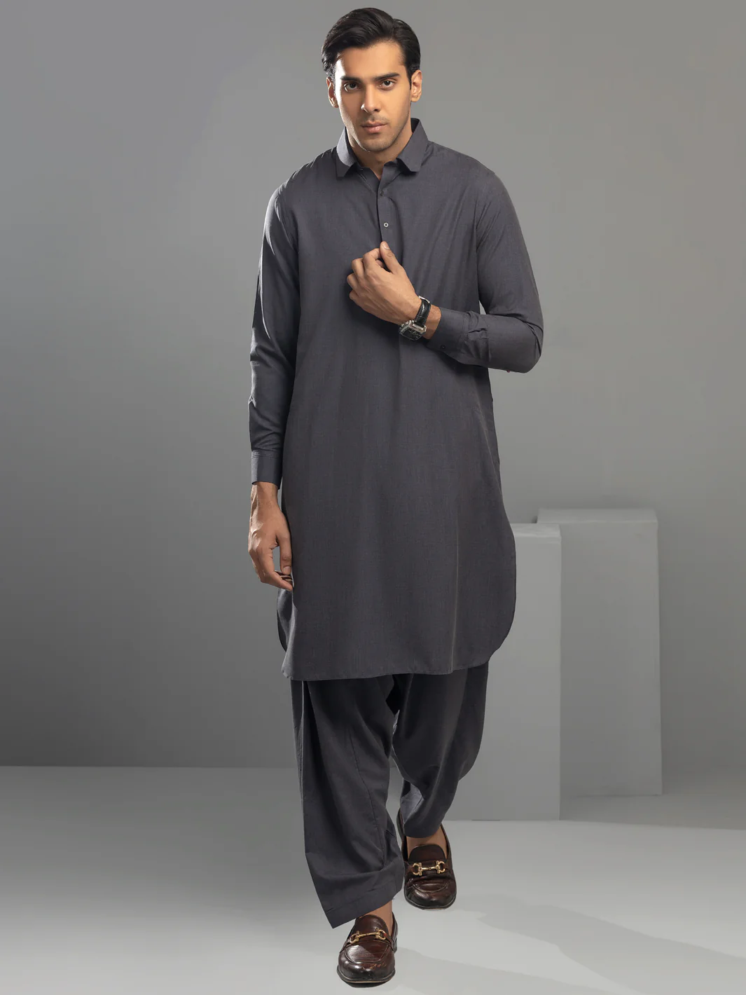 Charcoal Grey Blended Kameez Shalwar - ALWA-KS-341
