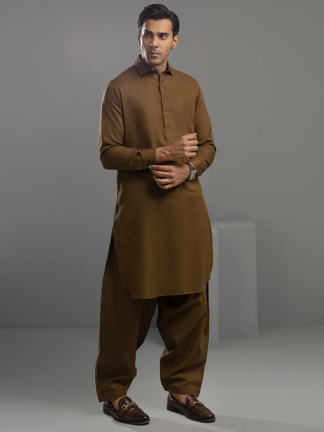 Brown Cotton Kameez Shalwar - ALWA-KS-344