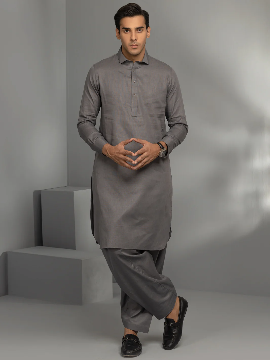 Grey Cotton Kameez Shalwar - ALWA-KS-345