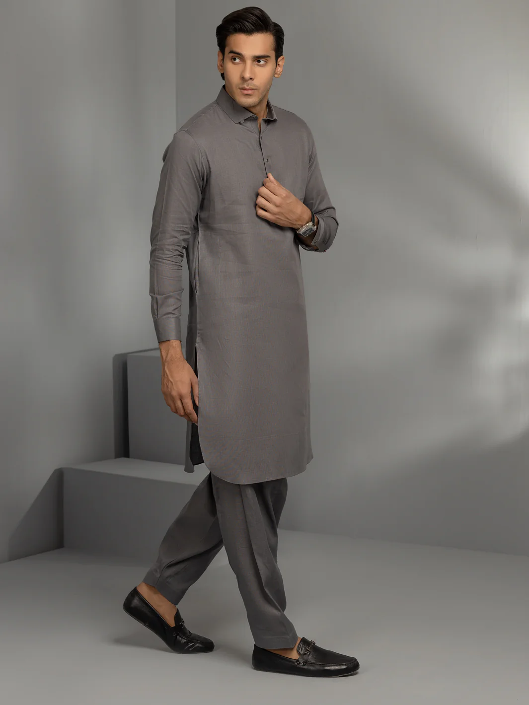 Grey Cotton Kameez Shalwar - ALWA-KS-345 - Image 3