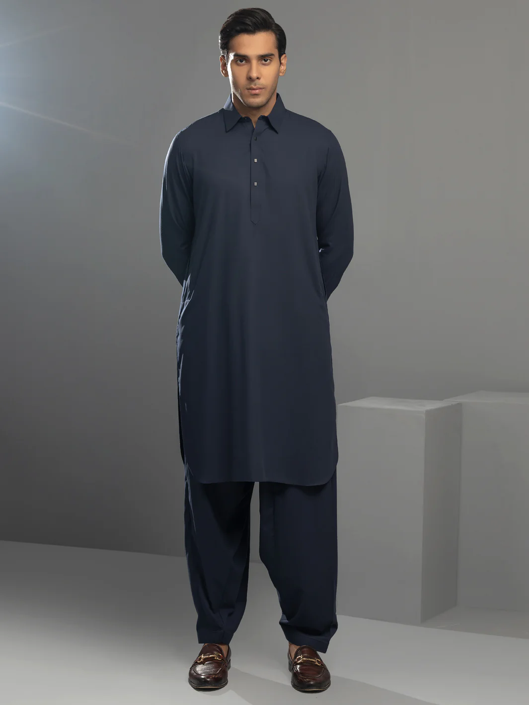 Navy Blue Blended Kameez Shalwar - ALWA-KS-346