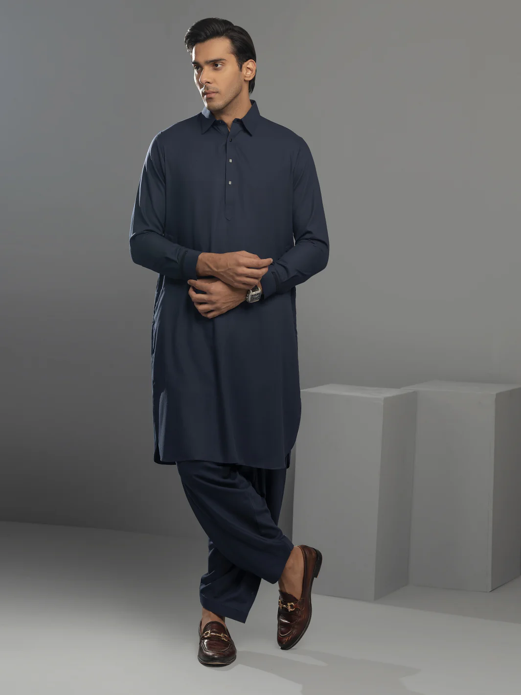Navy Blue Blended Kameez Shalwar - ALWA-KS-346 - Image 3