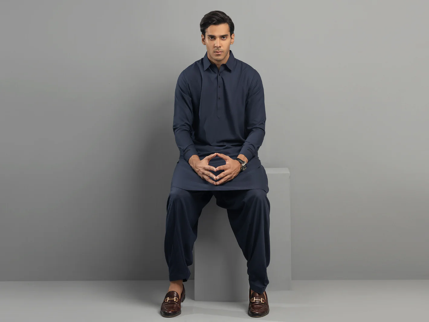 Navy Blue Blended Kameez Shalwar - ALWA-KS-346 - Image 5