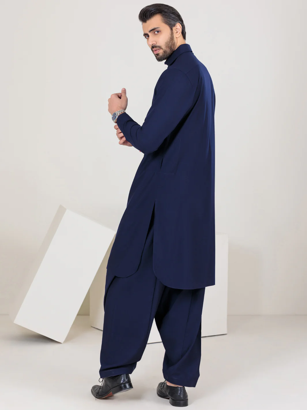 Navy Blue Blended Kameez Shalwar - ALWA-KS-350 - Image 3