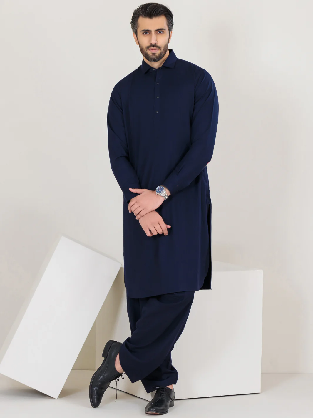 Navy Blue Blended Kameez Shalwar - ALWA-KS-350 - Image 6