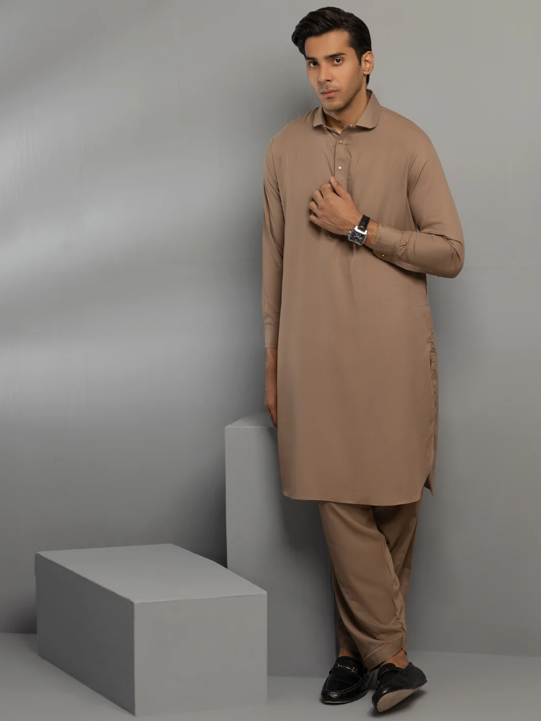 Brown Blended Kameez Shalwar - ALWA-KS-355