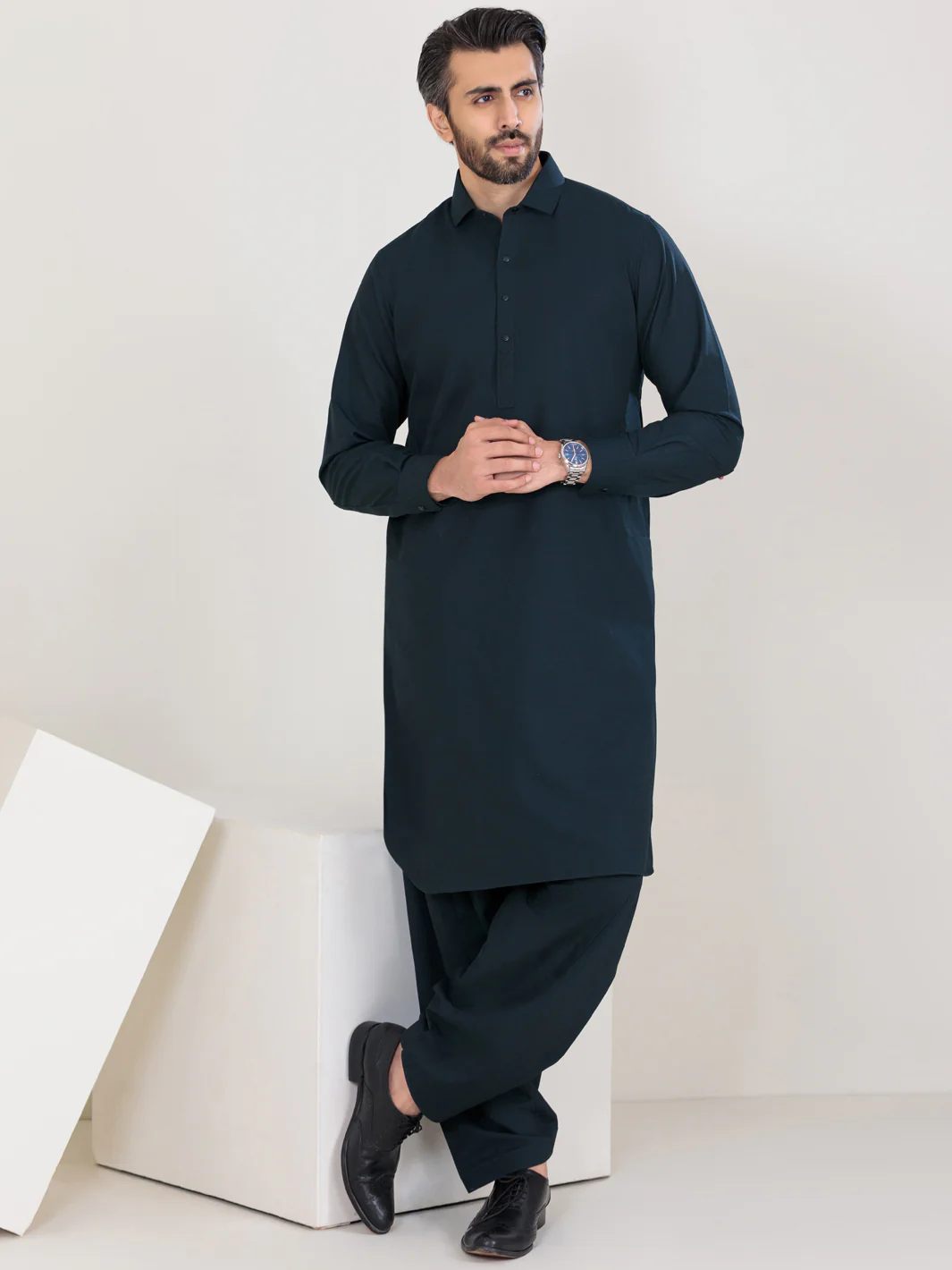 Navy Blue Blended Kameez Shalwar - ALWA-KS-360