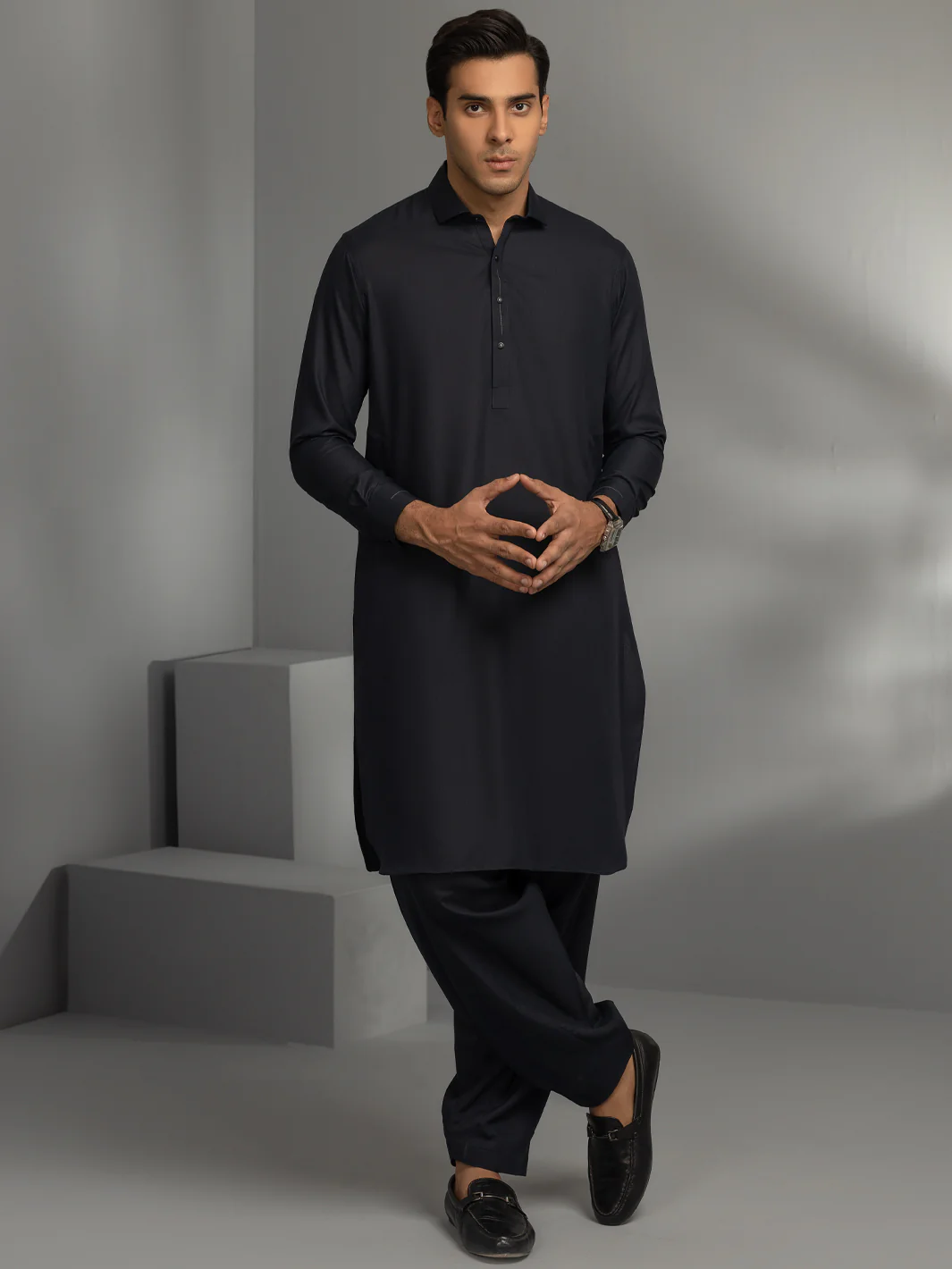 Navy Blue Blended Kameez Shalwar - ALWA-KS-362