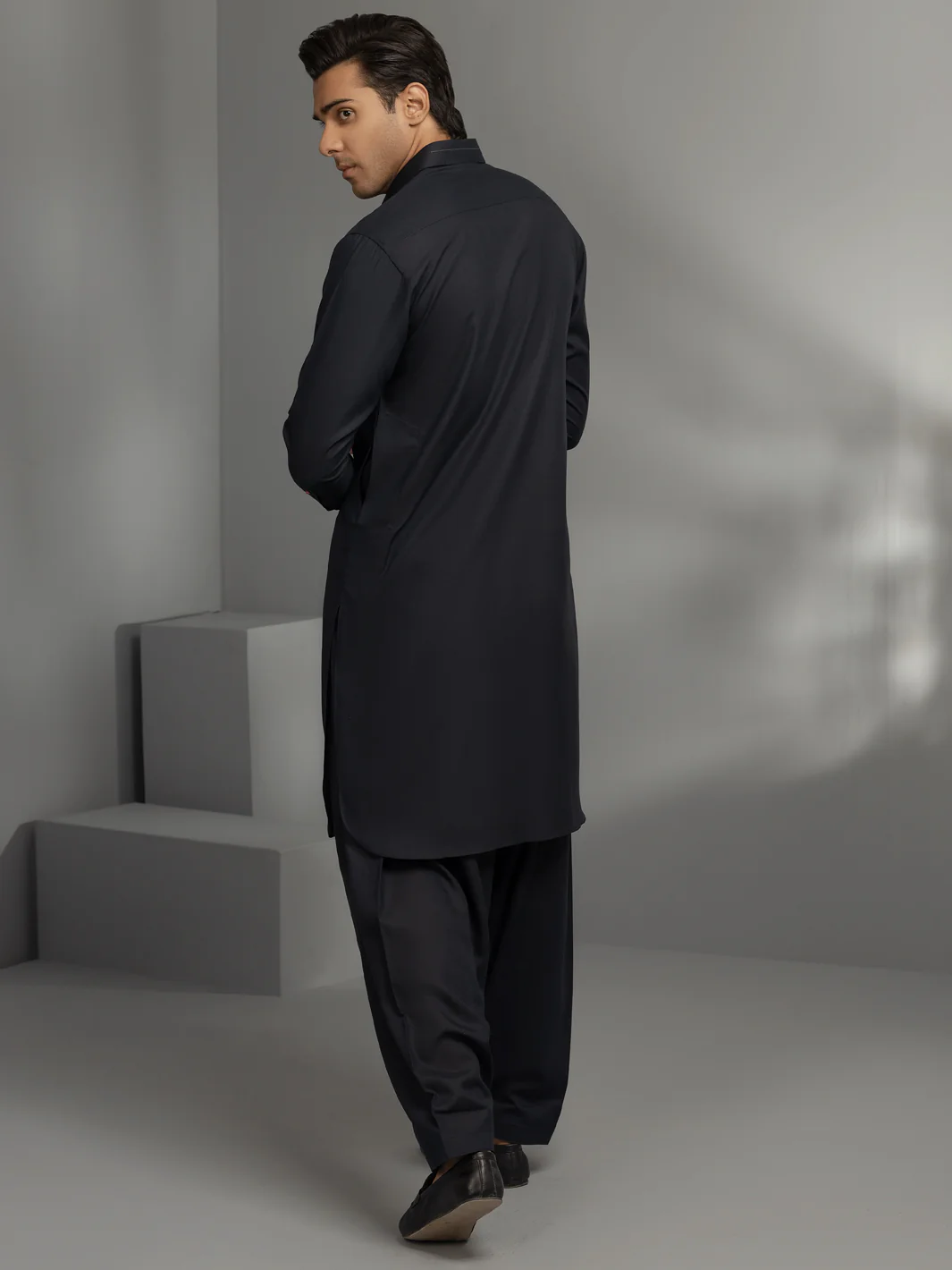 Navy Blue Blended Kameez Shalwar - ALWA-KS-362 - Image 3