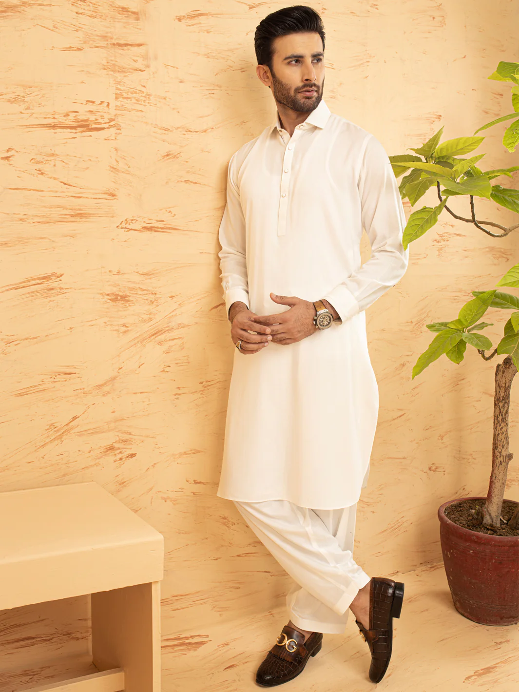 White Blended Kameez Shalwar - ALWA-KS-366