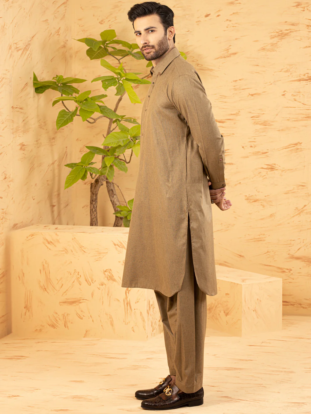 Khaki Brown Blended Kameez Shalwar - ALWA-KS-377 - Image 3