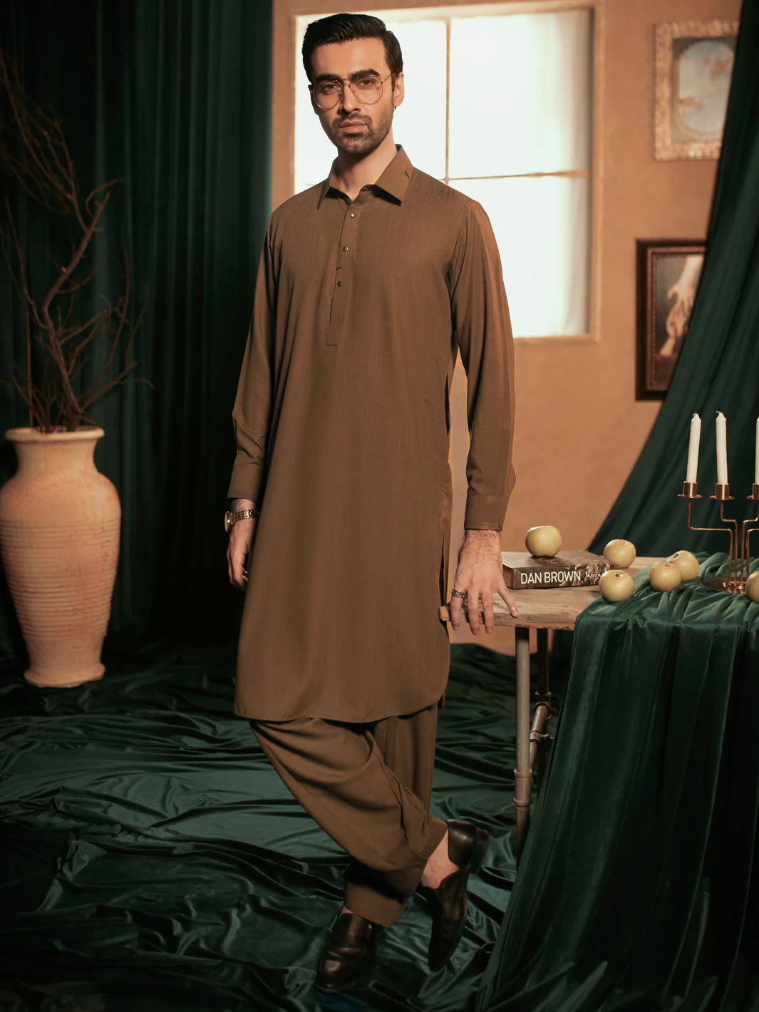 Brown Cotton Kameez Shalwar - ALWA-KS-378