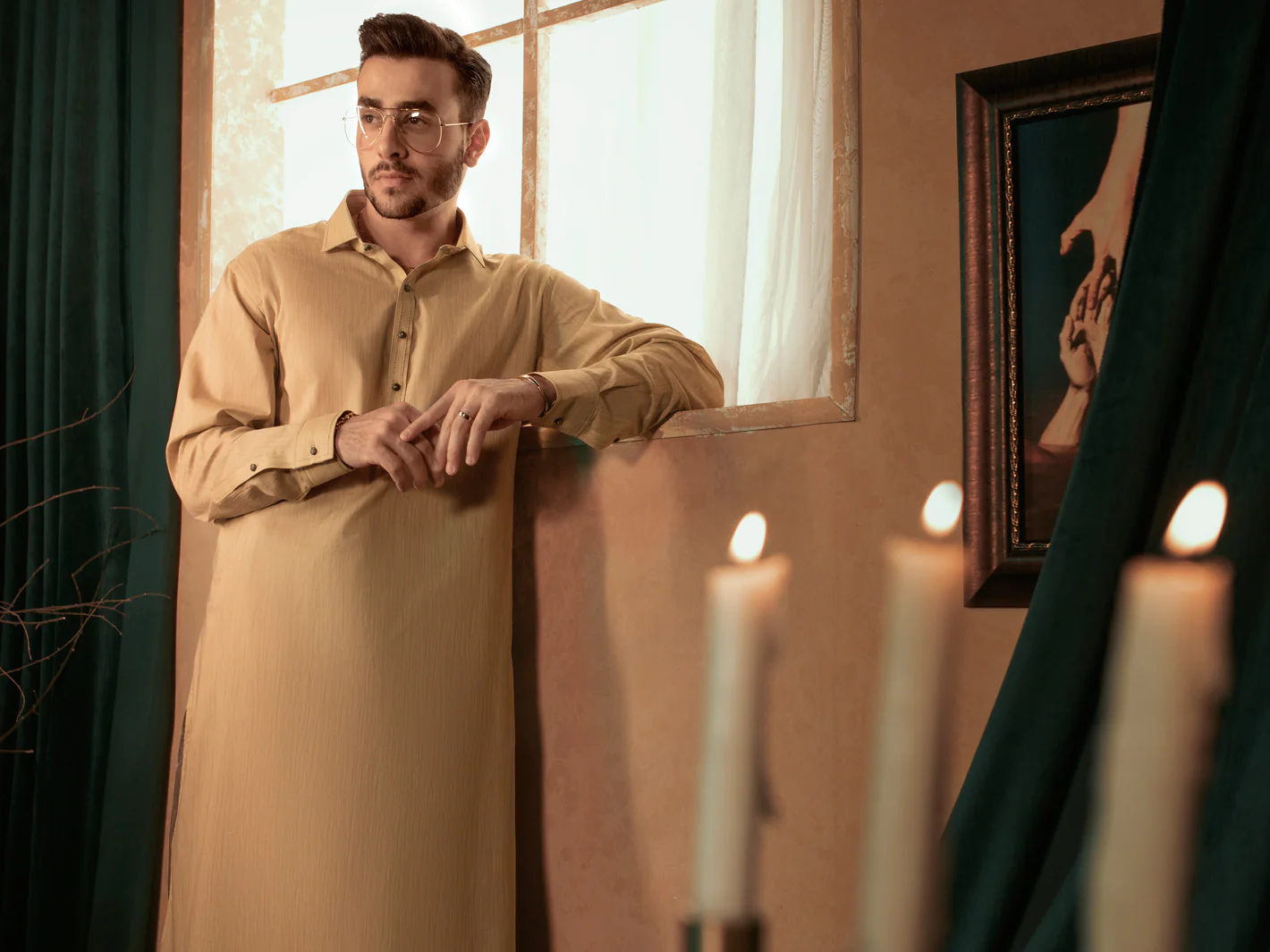Khaki Cotton Kameez Shalwar - ALWA-KS-385 - Image 5