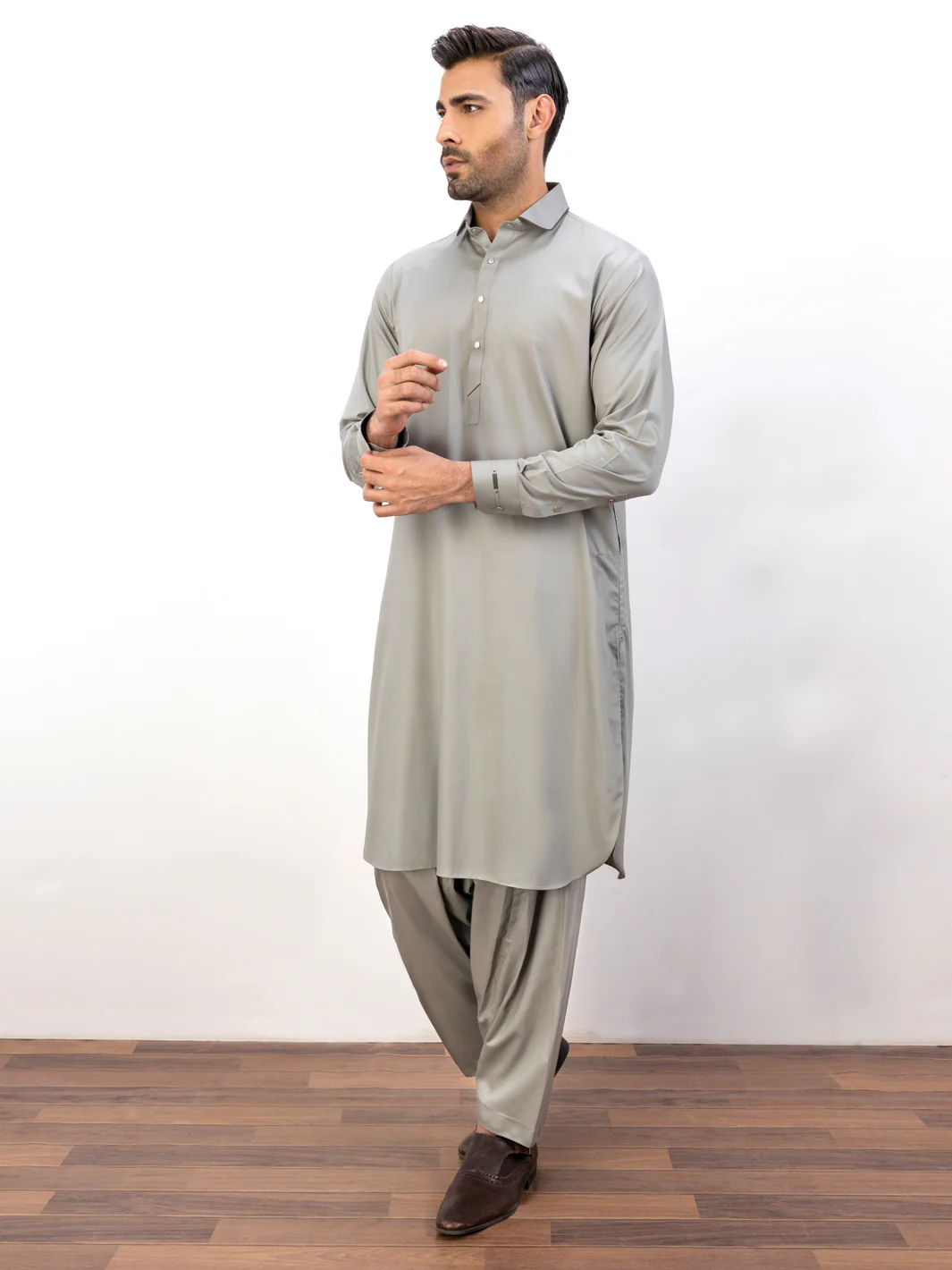 Light Grey Blended Kameez Shalwar - ALWA-KS-394