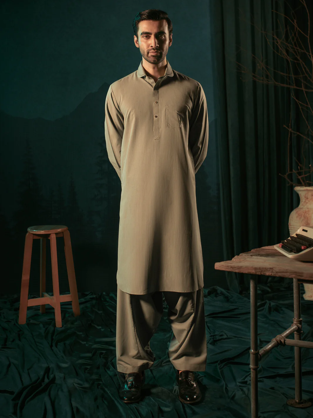 Light Grey Blended Kameez Shalwar - ALWA-KS-397