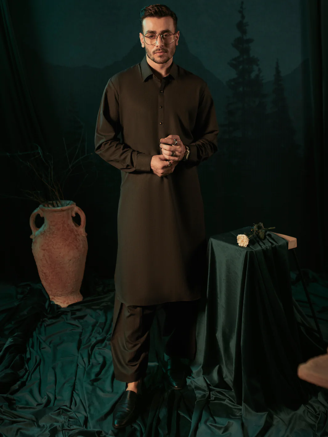 Charcoal Grey Blended Kameez Shalwar - ALWA-KS-399