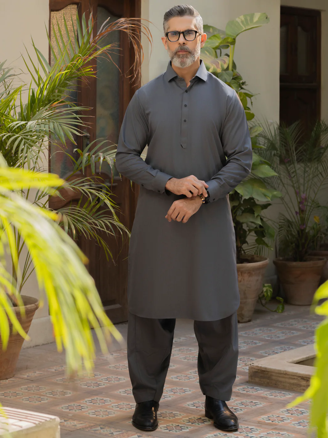 Steel Grey Blended Kameez Shalwar - ALWA-KS-495