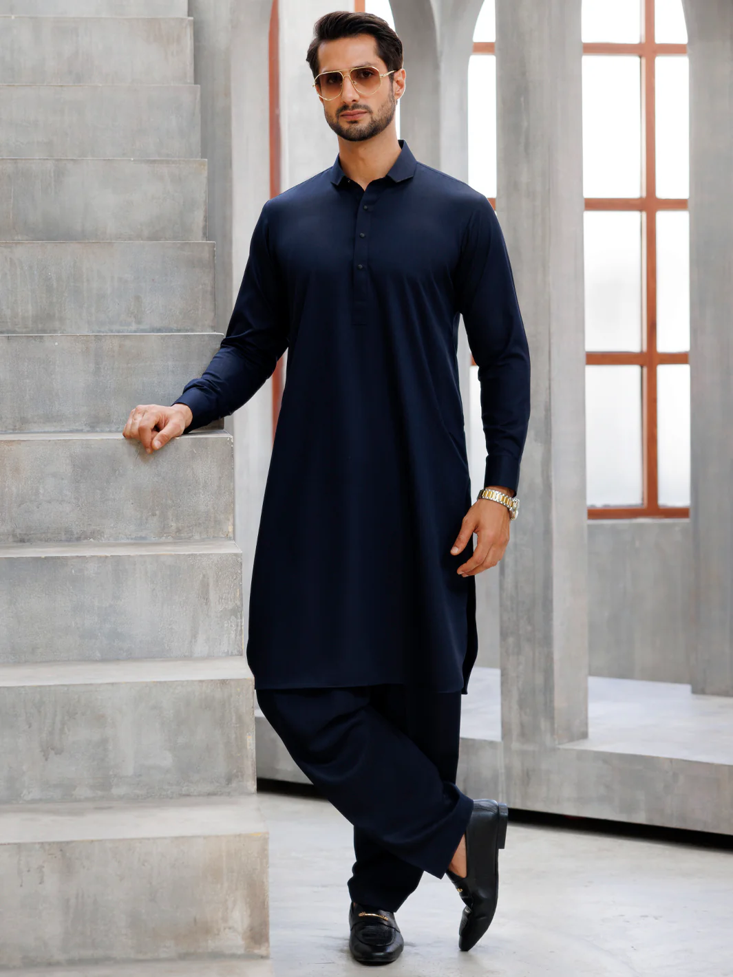 Navy Blue Blended Kameez Shalwar - ALWA-KS-497 - Image 2
