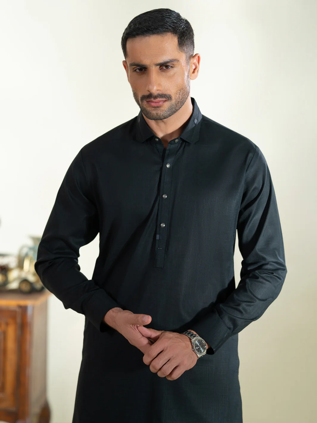 Black Cotton Kameez Shalwar - ALWA-KS-573 - Image 2