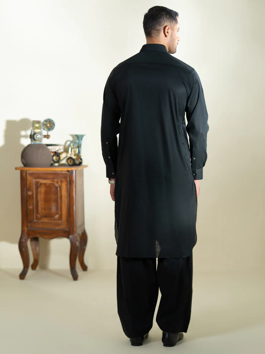 Black Cotton Kameez Shalwar - ALWA-KS-573 - Image 3