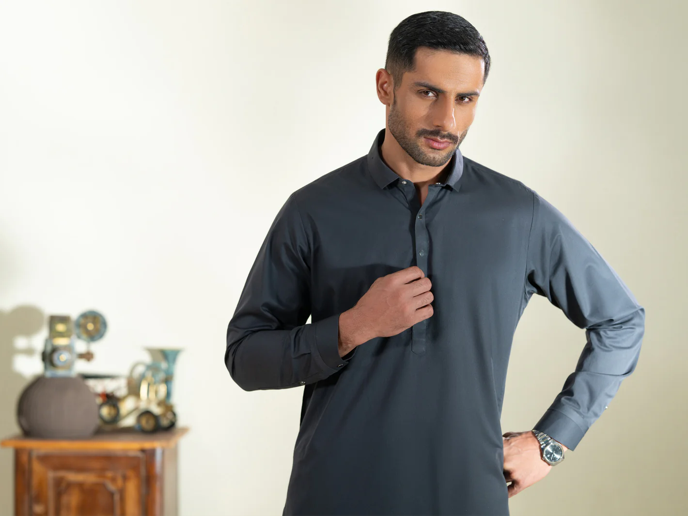 Charcoal Grey Kameez Shalwar - ALWA-KS-593 - Image 5
