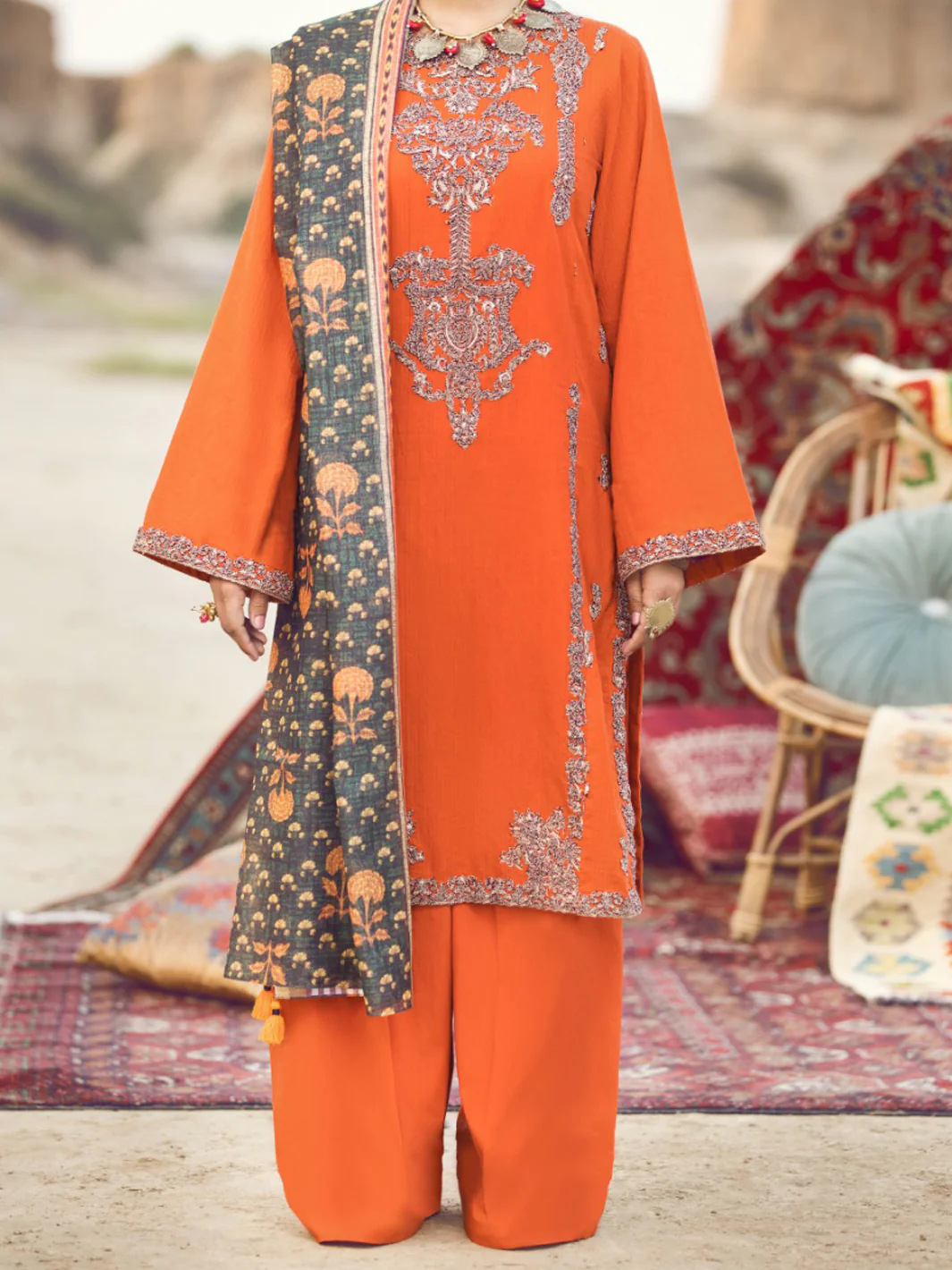 Orange Dobby Jacquard 3 Piece Unstitched - AWP-3PS-333