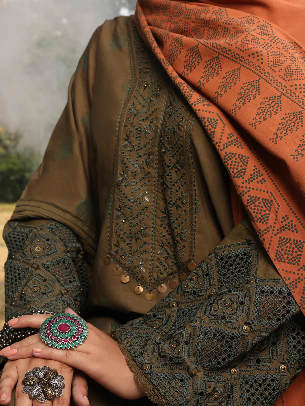Mehndi Green Cambric 3 Piece Stitched - AWP-3PS-418 - Image 3
