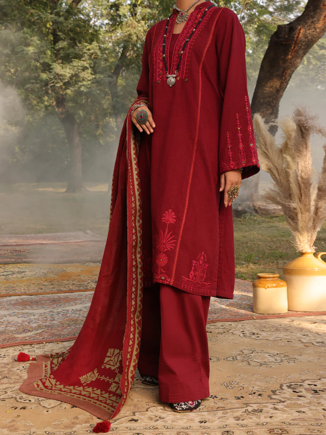 Maroon Dobby Unstitched 3 Piece - AWP-3PS-423
