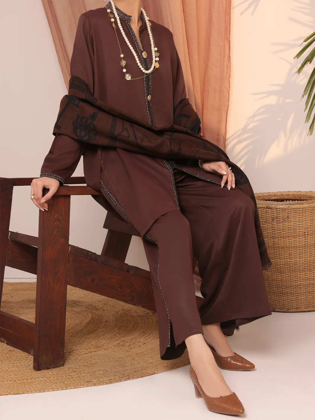 Dark Brown Dobby Viscose Unstitched 3 Piece - AWP-3PS-434 - Image 2