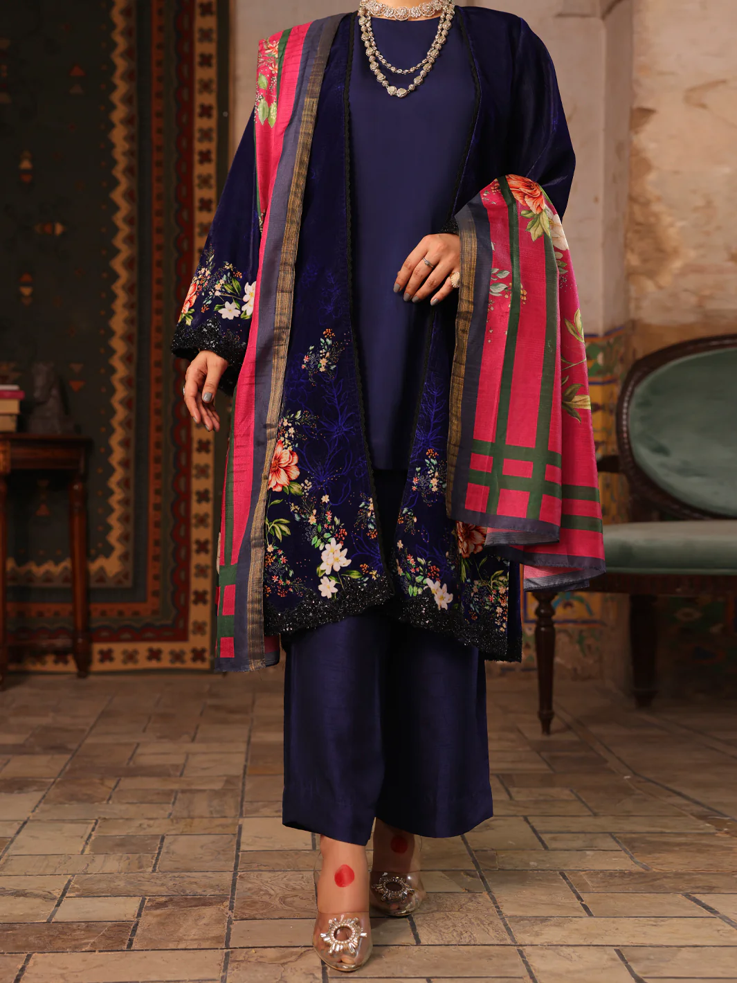 Dark Blue Velvet 3 Piece Stitched - AWP-3PS-445