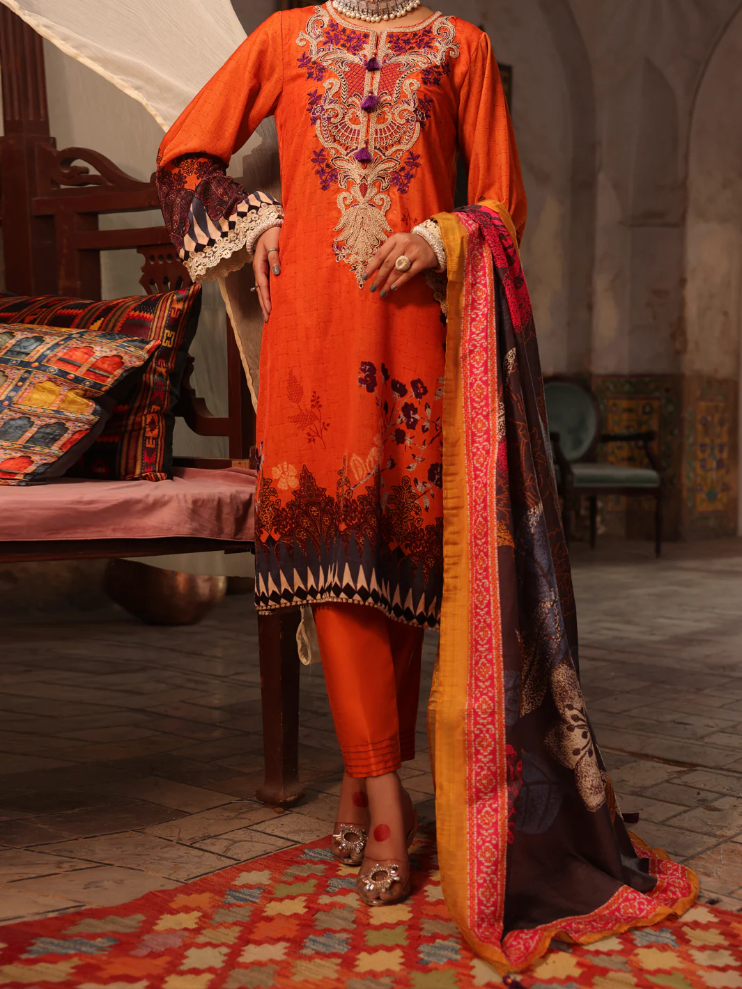 Orange Velvet Unstitched 3 Piece - AWP-3PS-449